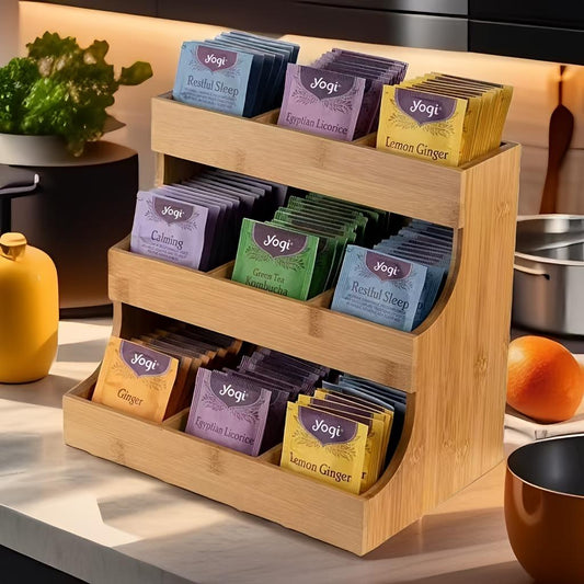 Small Wooden Tea Bag Organizer Holds 180 Tea Bags Suitable For Home Kitchens And Offices Also Fits Sugar Packets, Sweeteners, And Creamers.