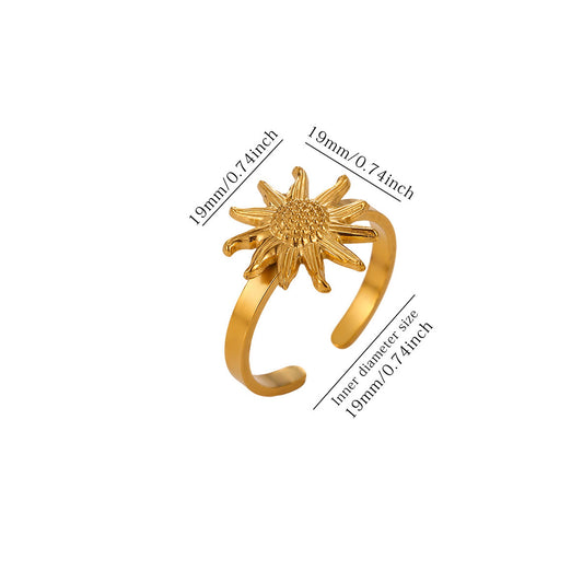 Stainless Steel Sun Turtle Flower Retro Unique Niche 18K Gold Plated Finger Jewelry