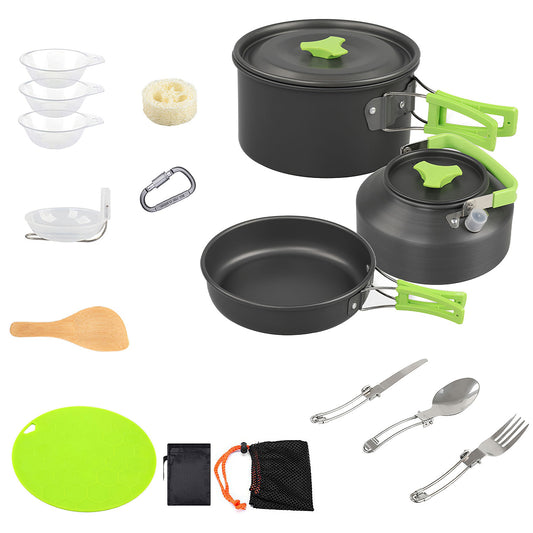 Set de cuisine de camping 16 pièces avec réchaud, casserole, poêle et bouilloire en aluminium, randonnée