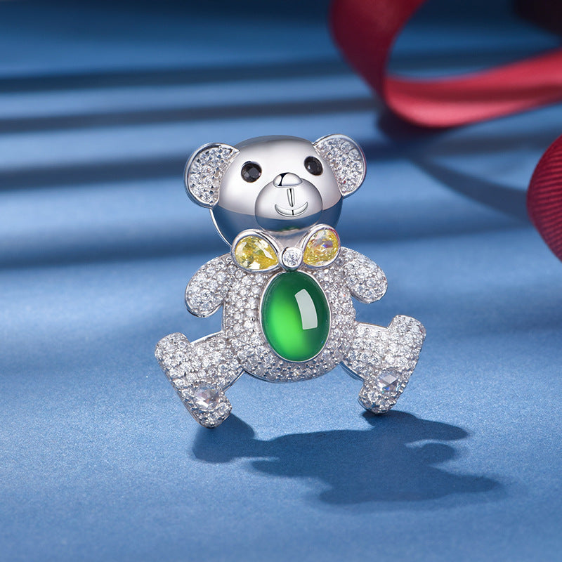 Broche Ours Pavée Argent S925 - Calcédoine Verte
