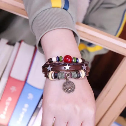 Bracelet Cuir Tressé Multi-rangs Perles Bois - Charm Zodiaque