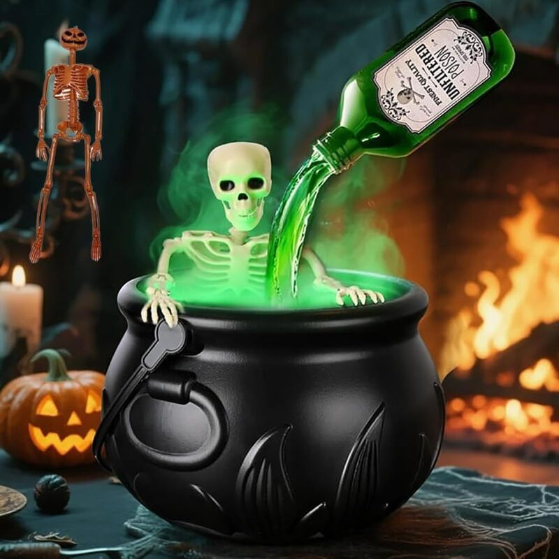 Halloween Spooky Witch Decor: Witch Cauldron, Floating Bottle Fog Machine & Skull LED Light – For Party & Home