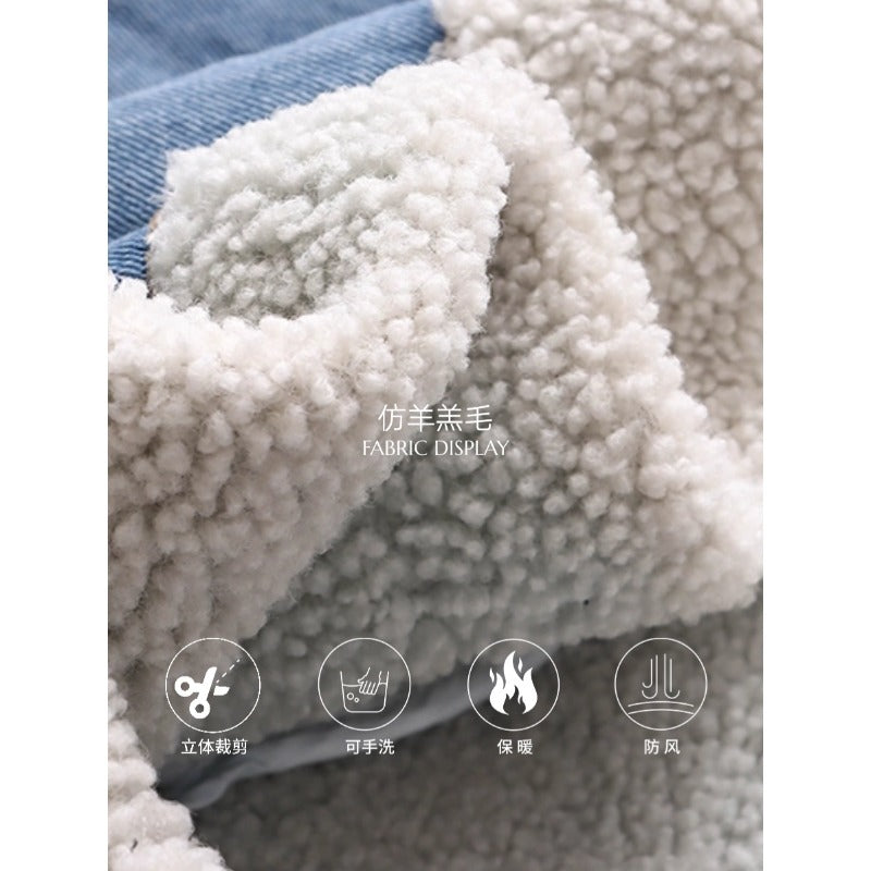 Street Style Warm Faux Shearling Fur-and-Leather Reversible Lapel Denim Jacket