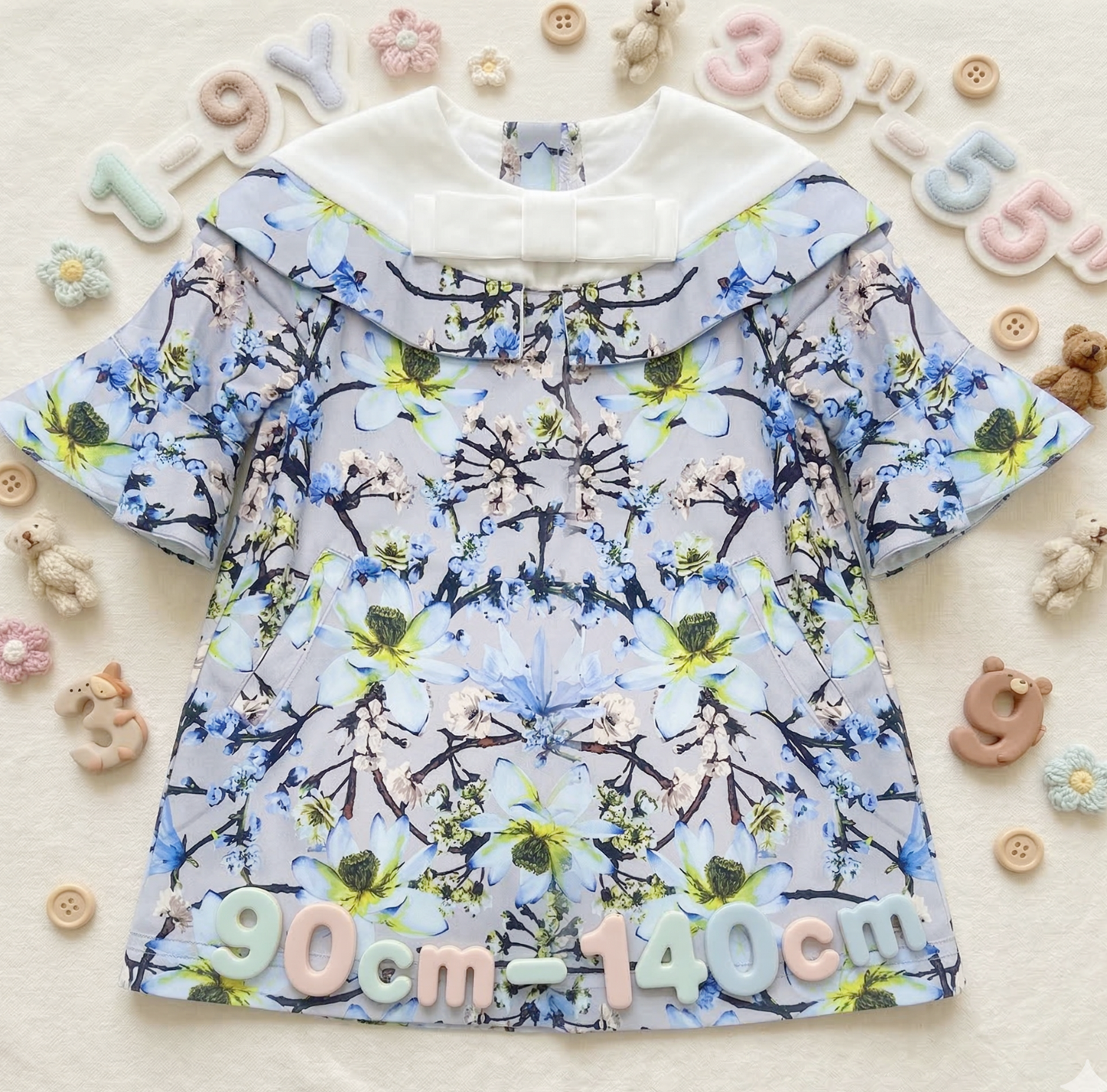 Girls  Elegant Floral Printed Toddlers Removeble Sleeve Princess Party Dress 1-9