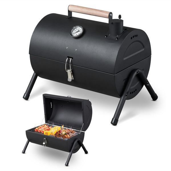 Barbecue à charbon portable avec thermomètre et poignée en bois, modèle de table compact, camping