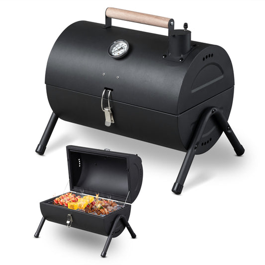 Barbecue à charbon portable avec thermomètre et poignée en bois, modèle de table compact, camping