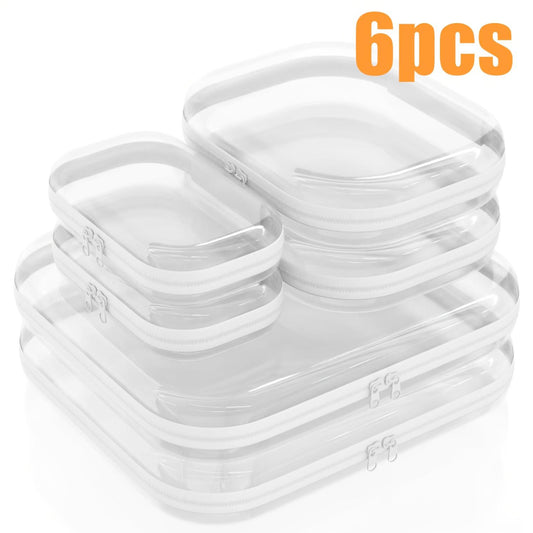 Set Of 6 Clear, Rigid Storage Bags With Double Zippers Includes 3 Different Sizes. Suitable For Toy Storage, Hard Plastic Pencil Cases, Hard Plastic Clay Storage, And Portable Holiday Toiletrymakeup