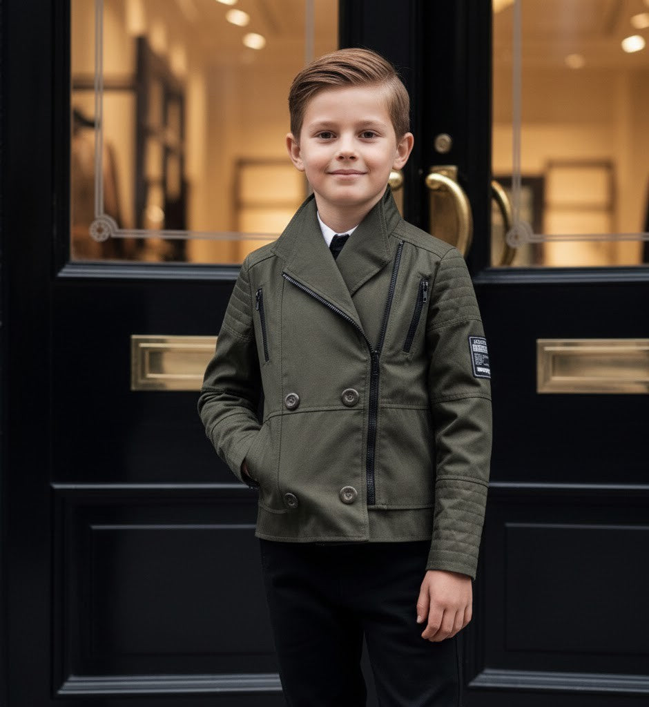 Boys Military Style Jacket Kids Cotton Coat Green Black Smart Outerwear 4-9Y