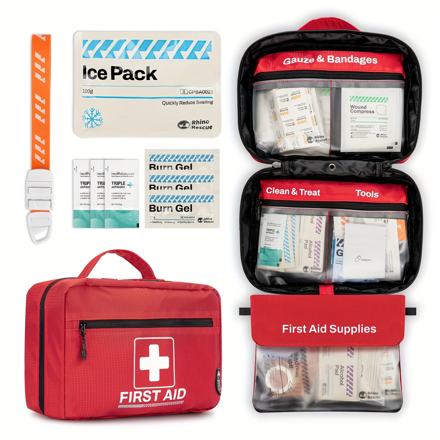 RHINO RESCUTE 240pcs All-in-One First Aid Kit with Portable Case, CPR Mask, Bandages, Gauze Pads, Ice Pack & Splinting Supplies - Heavy-Duty Medical Emergency Kit for Home, School, Office, Camping,, Car & Workplace