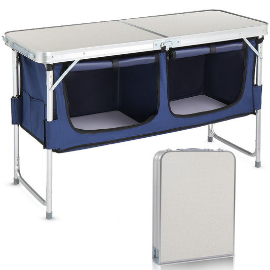 Table de camping pliante en aluminium 120 cm avec 2 compartiments de rangement, pique-nique et barbecue