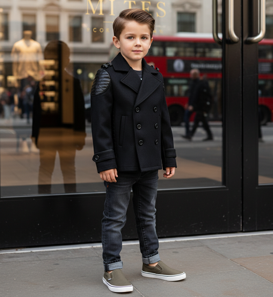 Boys Short Black Cashmere Coat 3-7Y Double Breasted Warm Trendy Jacket