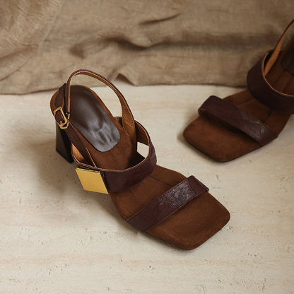 Women's Handmade Full - Grain Sheepskin Block Heel Sandals, Square - Toe Slingba