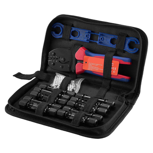 Crimping Tool, 14-10 AWG Ratcheting Solar Connector Crimper Tool Kit, Clear Metric & AWG Markings, With 10 Pairs Solar Connectors, 10 Pairs Of Cable Connectors, Wrenches, And A Storage Case