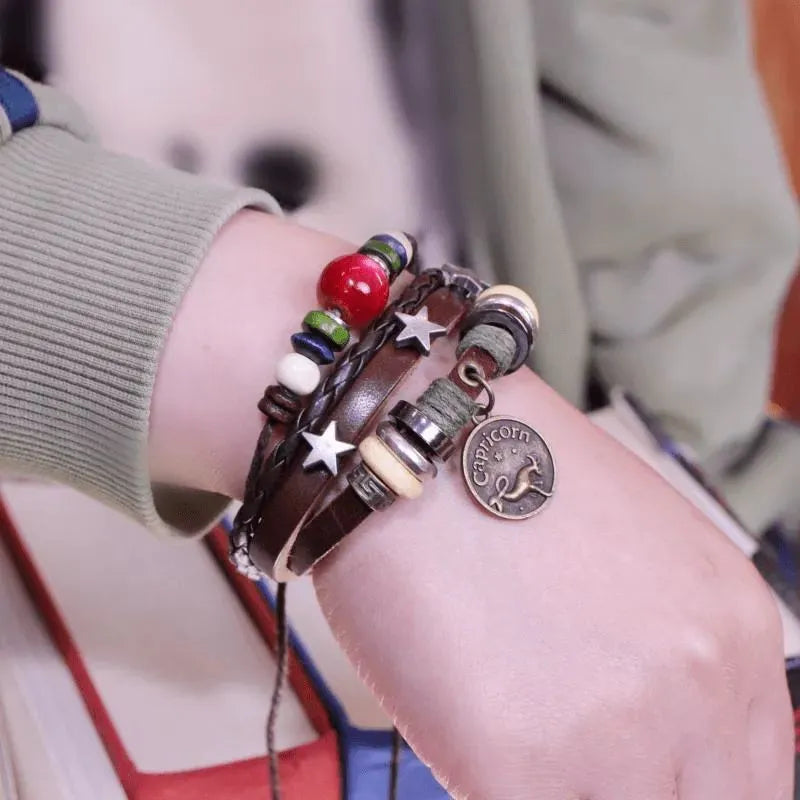 Bracelet Cuir Tressé Multi-rangs Perles Bois - Charm Zodiaque