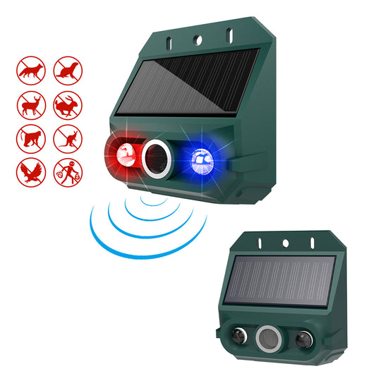 Solar Motion Sensor Alarm Animal Repeller With Strobe Light 129dB Siren 4 Modes IP55 Waterproof Security Device For Yard Farm Garden Outdoor Security 2 Pack