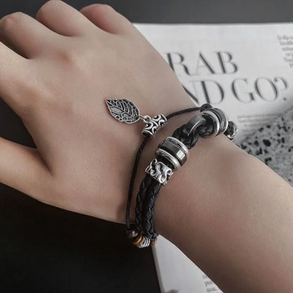 Bracelet Double Cuir Tressé Perles Bois Charm Feuille - Bohème