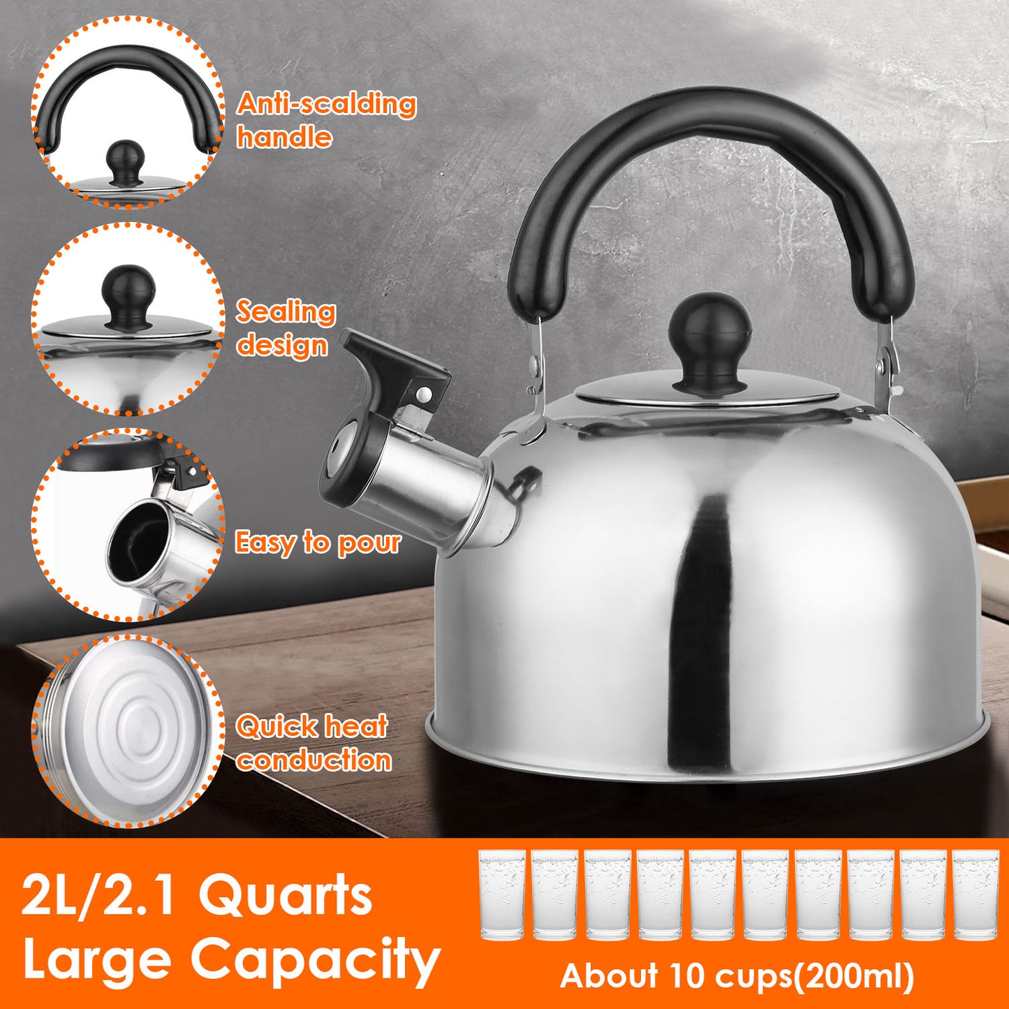 1Pc 2.1Quarts Stainless Steel Whistling Tea Kettle Stovetop Induction Gas Teapot With Insulated Handle Camping Kitchen Office