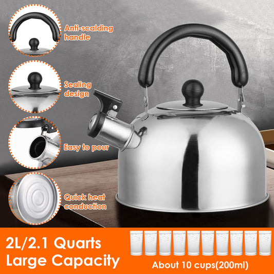 1Pc 2.1Quarts Stainless Steel Whistling Tea Kettle Stovetop Induction Gas Teapot With Insulated Handle Camping Kitchen Office