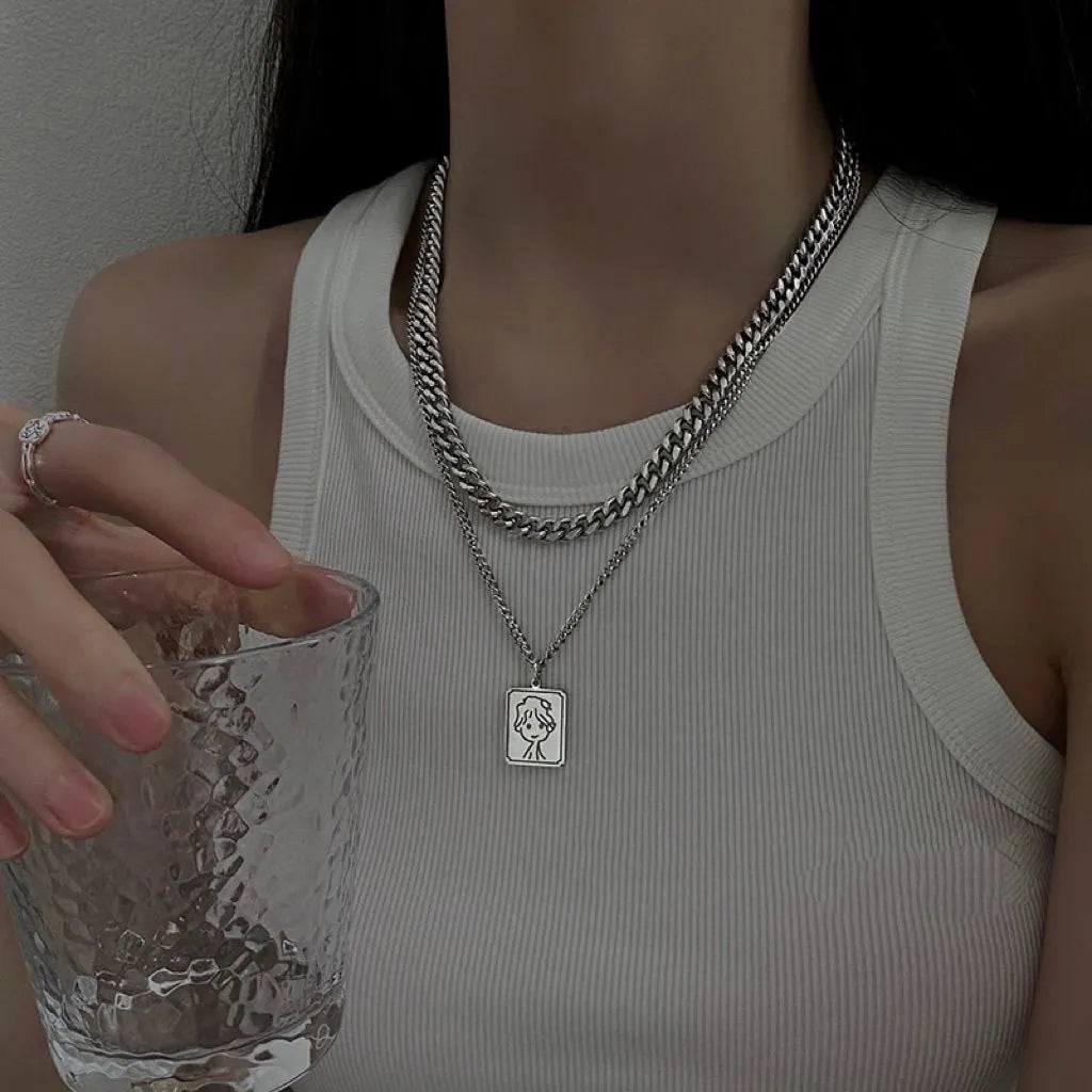 Collier Double Chaîne Cubaine Plaque Carrée Portrait - Hip Hop