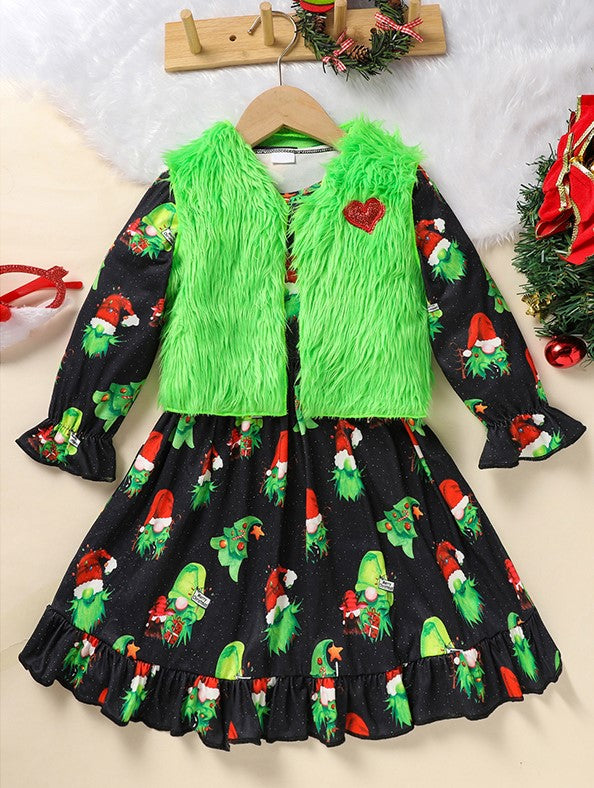 Toddler Kids Baby Girl Christmas Dress Outifts, Long Sleeves Cartoon Prints Party Dress With Heart Print Vest Coat Xmas Clothes Set