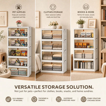 Foldable Stackable Pet Supplies Storage Bin With Wheels, Magnetic Door Collapsib