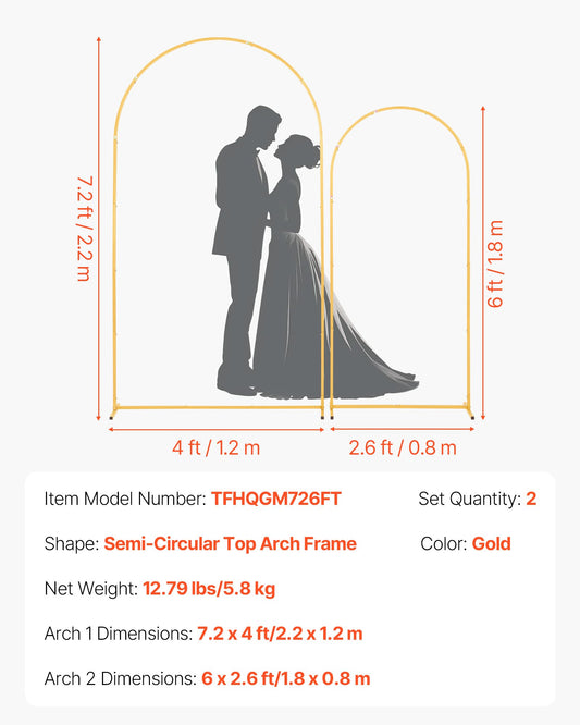 Arch Backdrop Stand, Set Of 2, 7.2 Ft And 6 Ft, Stable Structure, Easy Assembly, Gold Metal Arch Backdrop Stand For Wedding, Birthday Party, Graduation, Celebration, And Ceremony Decoration