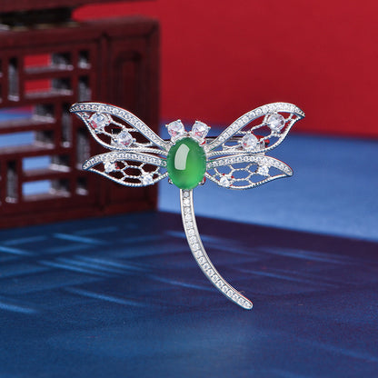 Broche Libellule Argent S925 - Chrysoprase Verte Cabochon