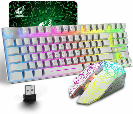 Wireless Mechanical Gaming Keyboard And Mouse Combo 87 Key Anti-ghosting RGB PS4 White