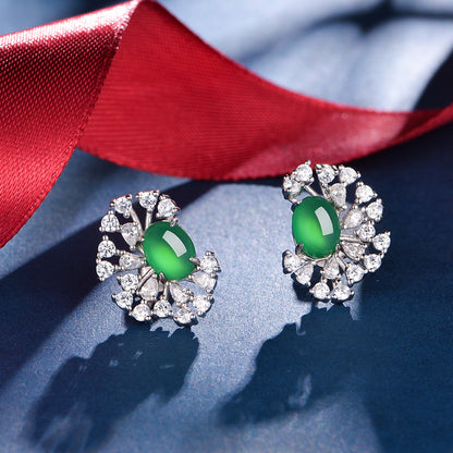 Boucles d'Oreilles Puces Halo Soleil Argent S925 - Chrysoprase Verte