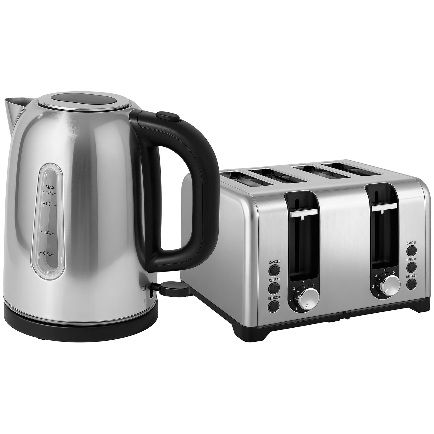 Set bouilloire et grille-pain, bouilloire 1,7 L 3000W avec filtre anti-calcaire, grille-pain 4 tranches LED, argent