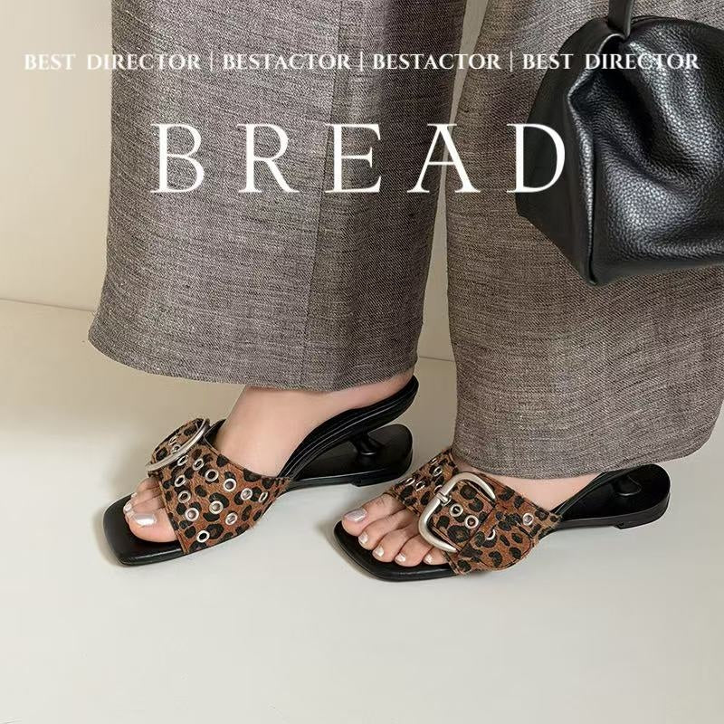 Women's Handcrafted Horsehair Buckle Slide Sandals, Square Toe Sculptural Heel M