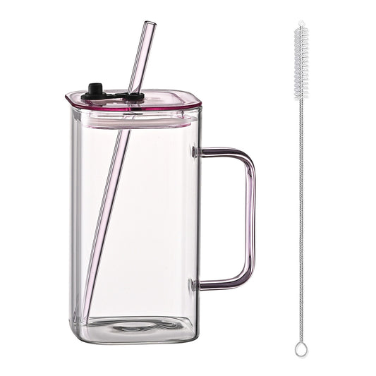 1 Pcs Pink Glass Straw Cup, 4 Colors Square Glass Cup With Straw And Lid, High Borosilicate Glass Cup, Milk Cup, Juice Cup, Cold Drink Cup, Coffee Cup, Tea Cup, Office Cup, Gift Cup