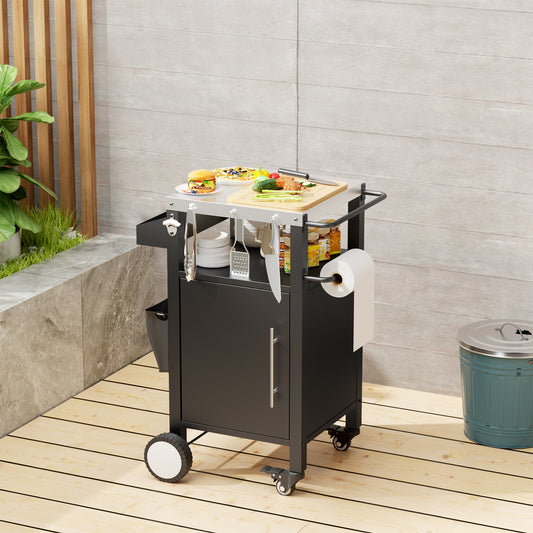 Outdoor Grill Cart With Patio Furniture, Outdoor Grill Table With Storage,Rolling Bar Cart Outdoor BBQ Cart With  Hooks And Spice Rack For Grilling Accessories, Black