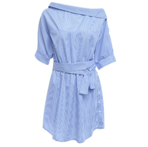 Sexy Elegant Half Sleeve Blue Striped Women Shirt Dress