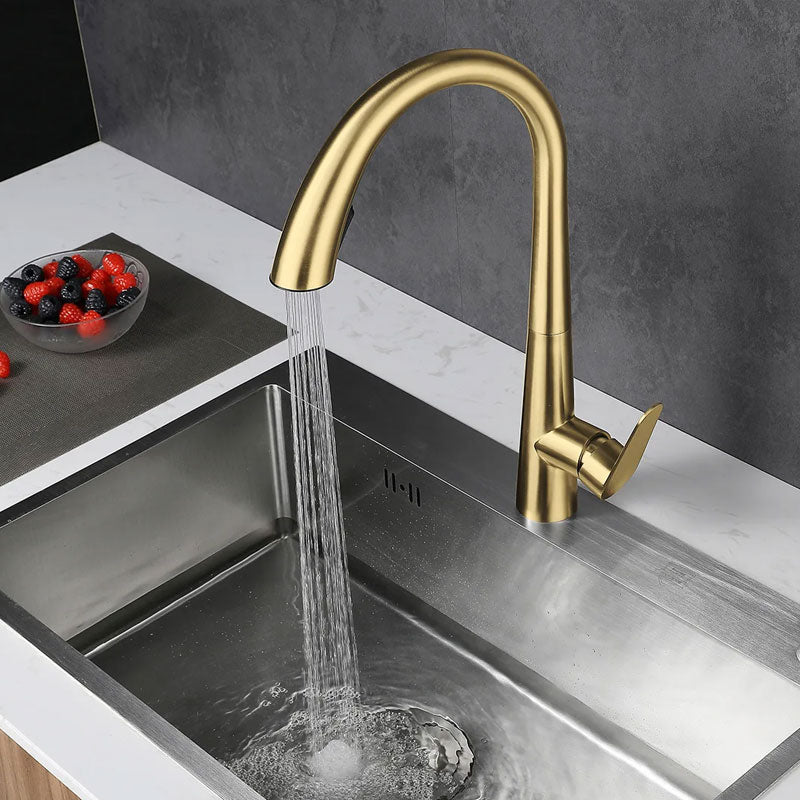 Removable 304 Stainless Steel Kitchen Sink in Polished Gold, with a pull-down faucet for hot and cold water.