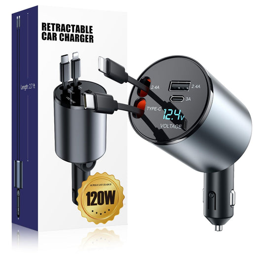 Retractable Car Charger 120W, 4 In 1 Super Fast Charge Car Phone Charger, Ret...