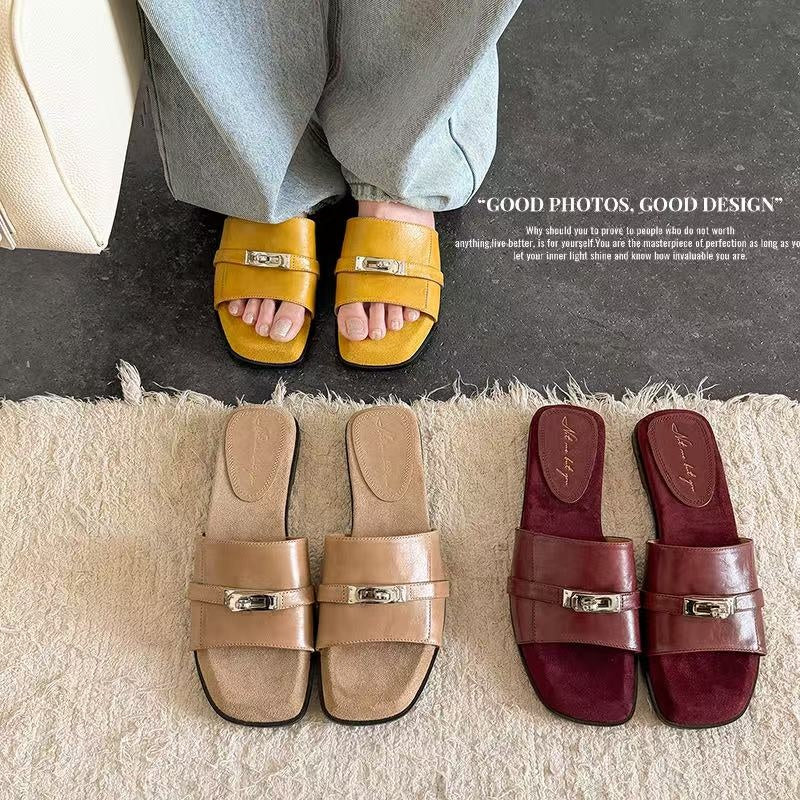 Women's Handmade Full - Grain Leather Slide Sandals, Metal Buckle Open - Toe Fla