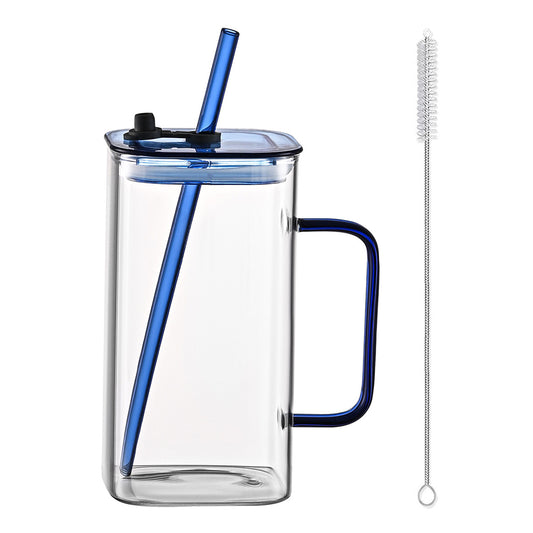 1 Pcs Blue Glass Straw Cup, 4 Colors Square Glass Cup With Straw And Lid, High Borosilicate Glass Cup, Milk Cup, Juice Cup, Cold Drink Cup, Coffee Cup, Tea Cup, Office Cup, Gift Cup