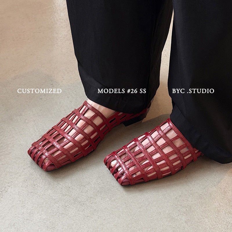 Women's Handmade Full - Grain Leather Woven Caged Flat Sandals, Square Toe Sheep