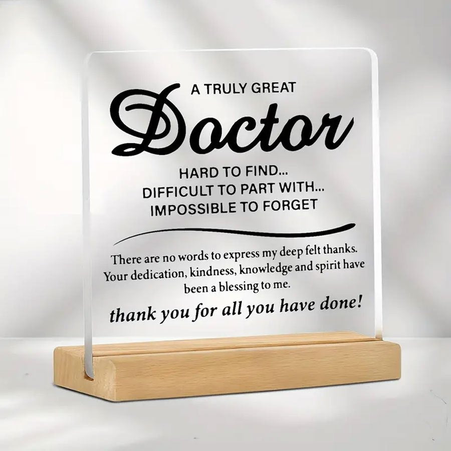 1. Unique Doctor Appreciation Gift - Heartfelt Thank You Acrylic Desk Plaque with Wooden Base, Perfect for Men in Medicine, Ideal for Thanksgiving & Everyday Gratitude, Medical Office Decor