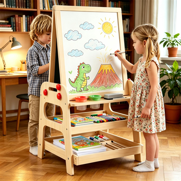 Chevalet d'Art en Bois 2-en-1 pour Enfant avec Circuit à Billes