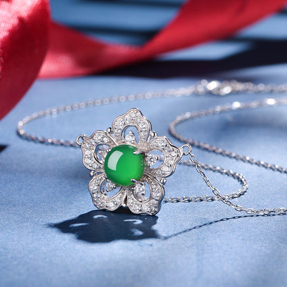 Collier Argent S925 Trèfle Fleur - Pendentif Chrysoprase Verte 8mm