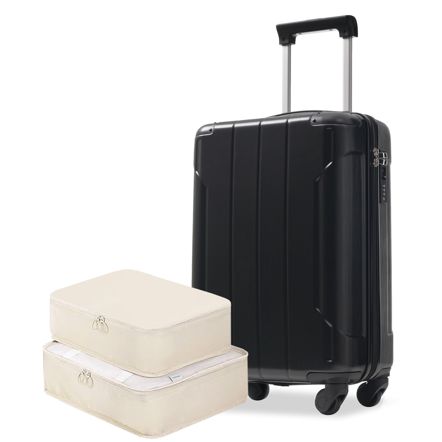 Valise cabine rigide ABS 20 pouces, roues pivotantes, serrure TSA, 2 cubes, noir