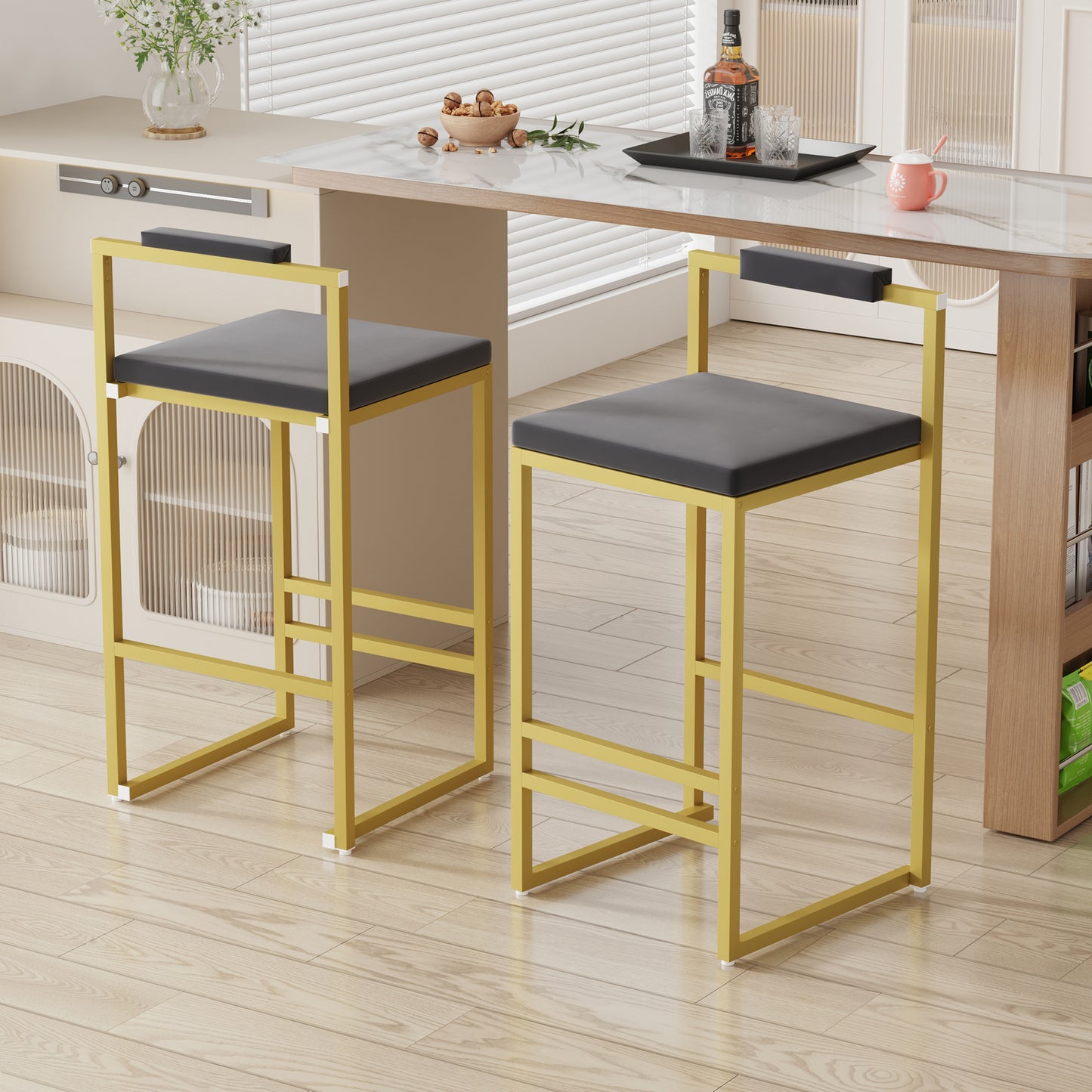 Lot de 2 Tabourets de Bar Velours - Dossier & Repose-pieds