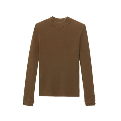 Chic Buttoned Cuffed Slim-Fit High-Neck Knit Top Layering Essential
