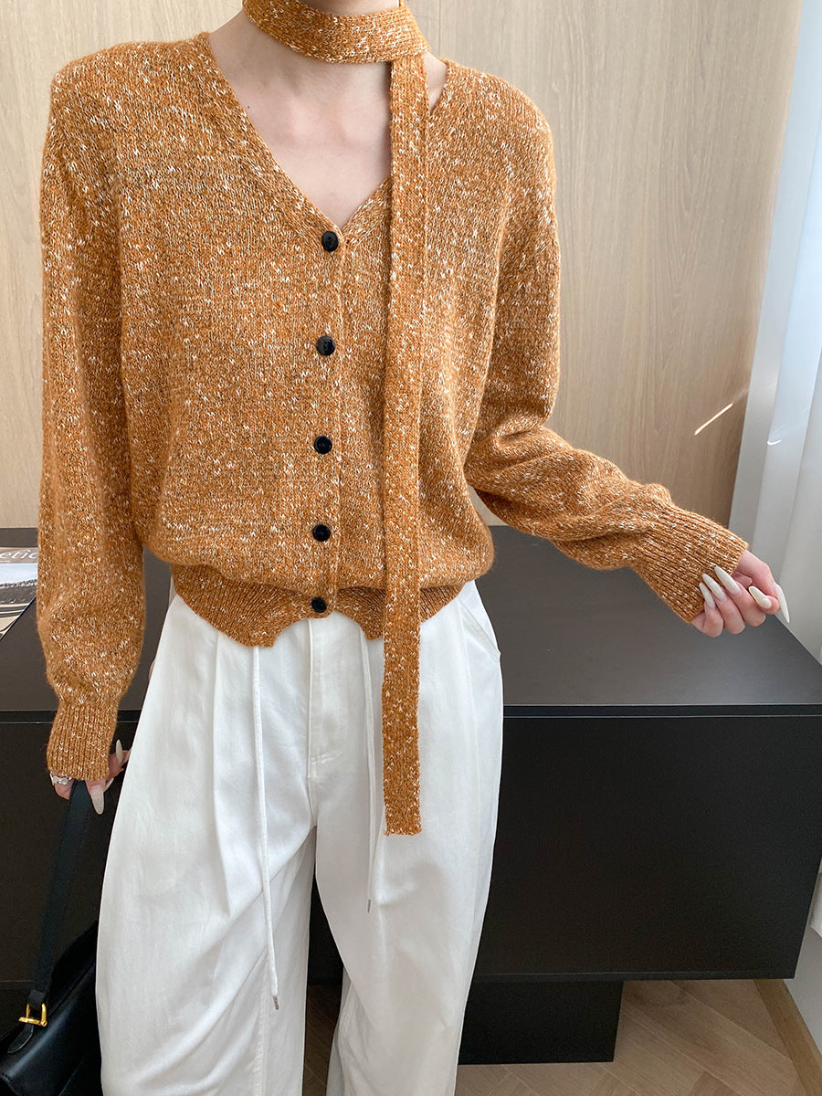 Southern Compass, Ambience HighlightSoft Ribbon Accent Slimming V-Neck Multicolor Floral Knit Cardigan Sweater