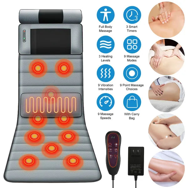 Vibration Massage Mat Full Body & Neck Kneading Massager - 20 Nodes, 3 Massage Modes&Speeds, 9 Vibration Settings, 3-Level Lumbar Heat, Inflatable Waist Pillow - Perfect Gift For Family