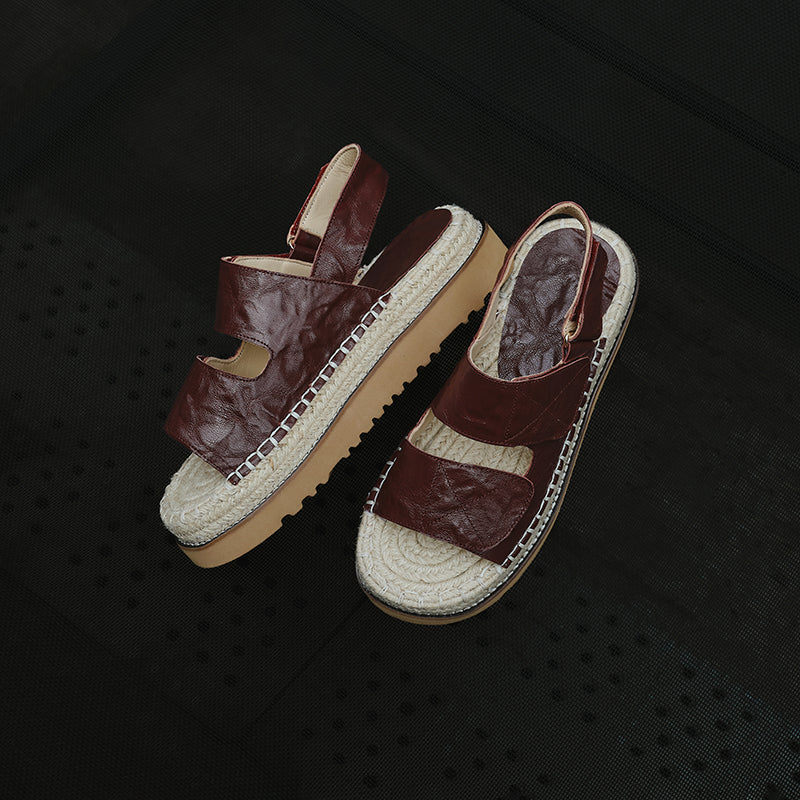 Women's Handmade Full - Grain Sheepskin Espadrille Platform Sandals, Adjustable