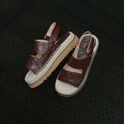 Women's Handmade Full - Grain Sheepskin Espadrille Platform Sandals, Adjustable