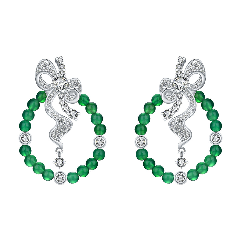 Boucles d'Oreilles Créoles Nœud Argent S925 - Chrysoprase Verte